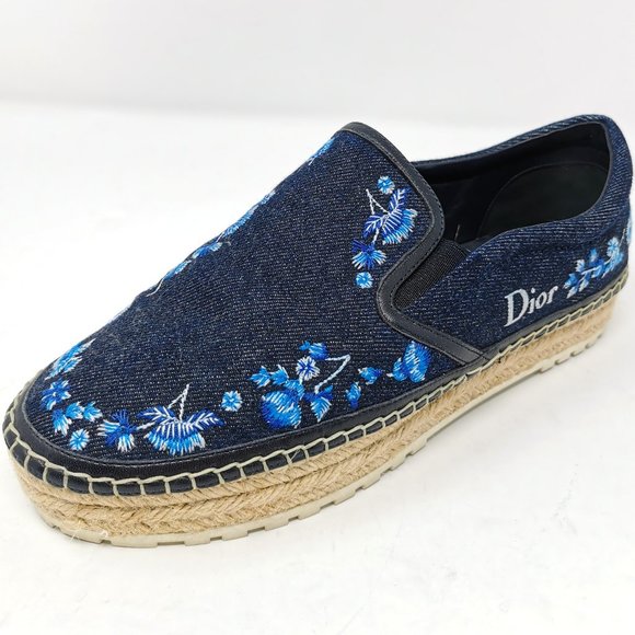 Dior Blue Denim Embroidered Floral Espadrilles Flats - Picture 1 of 14